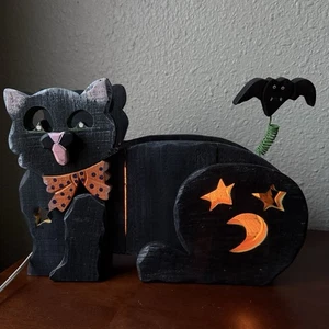 Vtg Wood Halloween Black Kitty Cat Light Up Decor W/ Bulbs & Box Bat - Picture 1 of 24