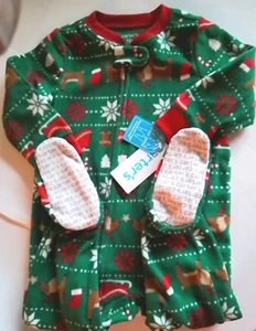 NWT Carter's Sleepwear 1-Pc GREEN Fair Isle Fleece Zips Footie PJs 12M or 4T - Picture 1 of 5