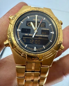 Seiko H021-8018 World Timer Chronograph goldfarbene Uhr 40,5mm Dual Alarm, Origi - Bild 1 von 12