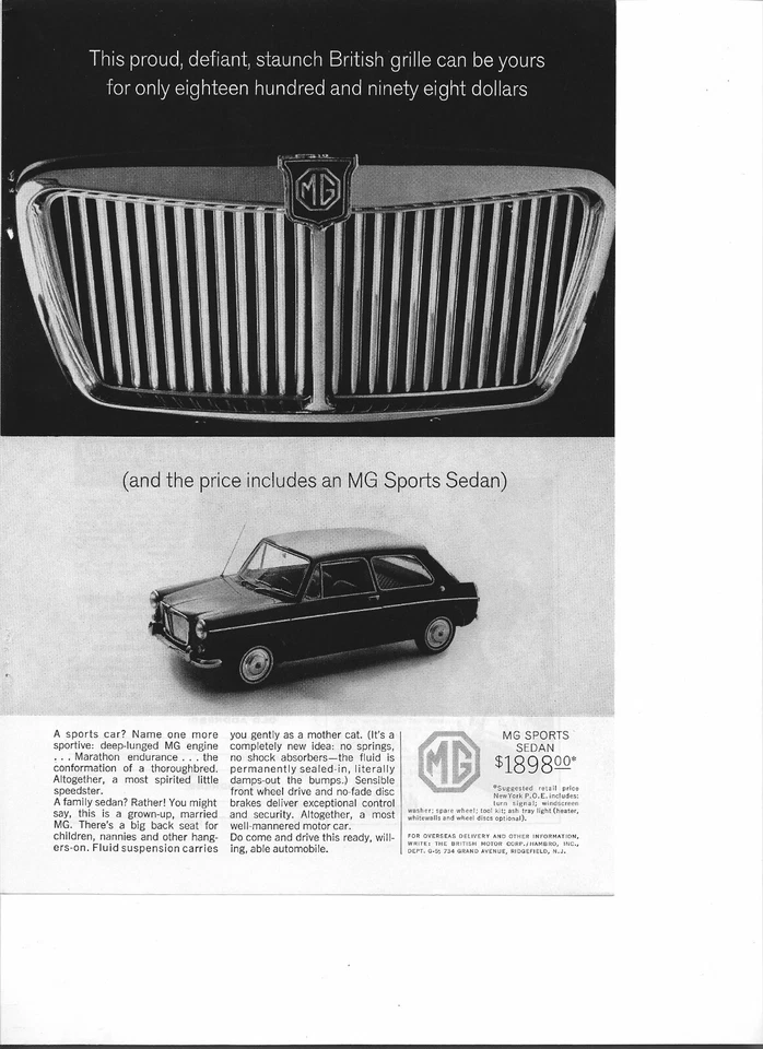 MG Sports Sedán 1964 anuncio impreso vintage: "Este orgulloso, desafiante, firme británico... Foto 1 de 1