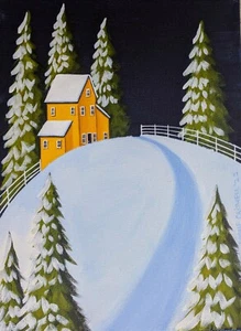 Original Folk Art Painting 12x9 Winter Snow Road Country Landscape Naive Farm - Picture 1 of 1