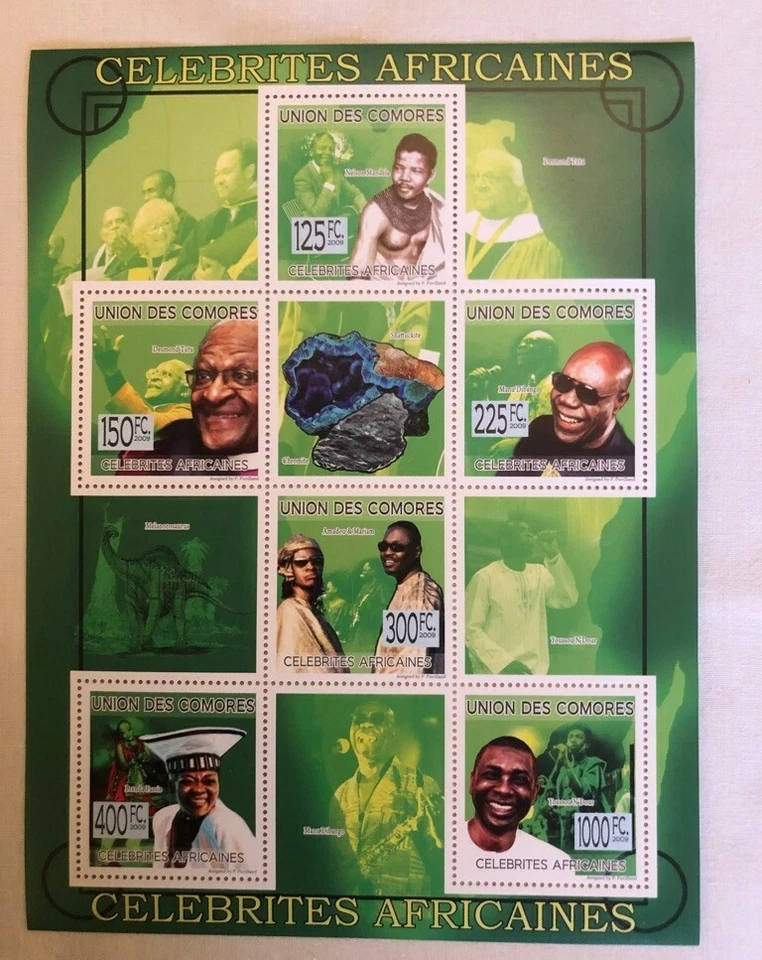 Collectors Sheet of 6 stamps from Comores African Celebrities featuring Mandela  - Image 1 of 3
