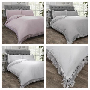 Luxury Boho Chic Lace Tassel Fringe Duvet Cover Bedding Set - PINK WHITE SILVER - Picture 1 of 10