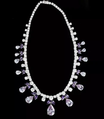 Collana Vintage In Argento Sterling 925 Con Cristallo Di Vetro Viola Lavanda 17" - Immagine 1 di 4