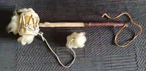 Native American Rattle Instrument 14" Long - Tree Branch, Rawhide, Fleece - Picture 1 of 9