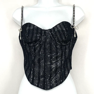 White Fox Boutique Feel This Moment Black Bustier Size Medium Rhinestone Bows - Image 1 of 4