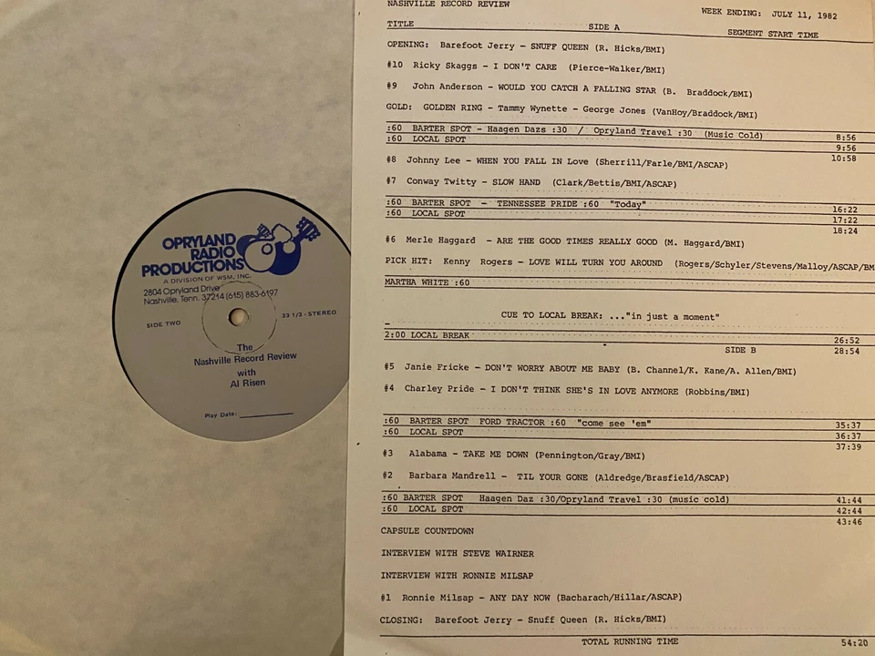 RADIO SHOW 7/11/82 AL RISEN'S TOP 10: STEVE WARINER & RONNIE MILSAP FEATURES - Image 1 of 1