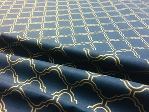 Gold Moroccan Arabic Damask Print Fabric Navy Blue Curtain Material 280cm wide - Picture 1 of 8
