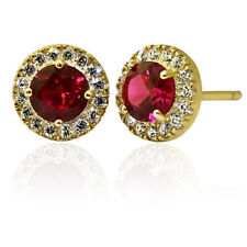 Solid 14K Yellow Gold Round Halo Push Back Earrings with Sparkling CZ Birthstone