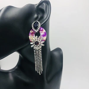 Rampage Earrings Amethyst Crystal/Resin Disc Clear Rhinestones SilverTone Purple - Picture 1 of 5