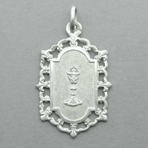 Eucaristía. Cáliz, Comunión. Antiguo colgante religioso de plata. Medalla francesa. - Imagen 1 de 4