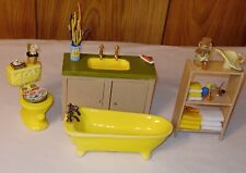Miniature dollhouse furniture lot Yellow Bathroom sink tub toilet accessories