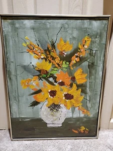 oil on canvas framed flowers in vase signed le mark yellow and orange  - Picture 1 of 7