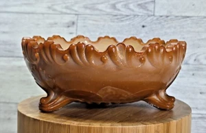 Antique GREENTOWN Leaf Bracket Chocolate Caramel Slag Glass Leg Round Bowl 1900s - Picture 1 of 11