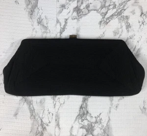 VTG Black Clutch Evening Bag Purse Corde Type Jemco Unique Shape Gold Tone Clasp - Picture 1 of 7