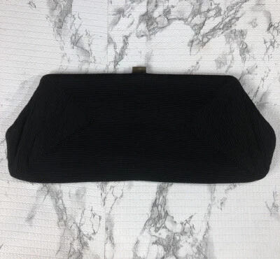 VTG Black Clutch Evening Bag Purse Corde Type Jemco Unique Shape Gold Tone Clasp - Image 1 of 4