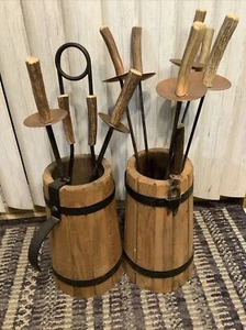 Vtg Antler Handle Fireplace Set Tools 12pc: Pokers Brush Wrought Iron W. Germany - Picture 1 of 12