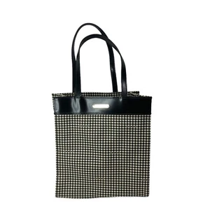 Vtg Ralph Lauren Houndstooth Coated Canvas Purse Tote Black White Double Handle - Picture 1 of 10