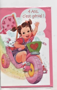 Carte Anniversaire.4 ans c'est génial.petite fille vélo paillette11 cm x 17 cm. - Imagen 1 de 3