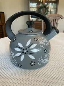 Temptations 2.3-qt Enamel on Steel Classic Tea Kettle Old World Grey Black White - Picture 1 of 8