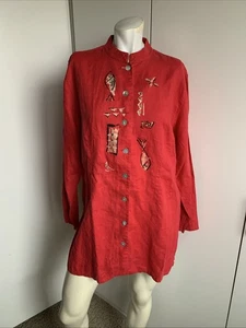 Chicos Gr. 2 rot asiatische Fische 100% Leinen rot Knopfleiste Tunika Bluse Top - Bild 1 von 6