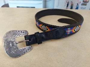 Vintage Beaded Buckle Belt Size 30 NATIVE AMERICAN Western INDIAN Cowboy 90s - Picture 1 of 11