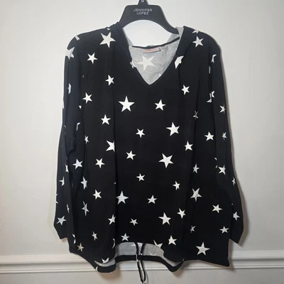 Moletom com capuz Quacker Factory feminino French Terry Star preto brilhante casual tamanho 1X  - Imagem 1 de 4