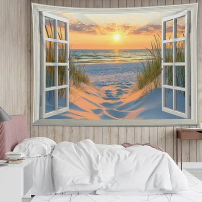 Ventana Puesta de Sol Paisaje Océano Playa Tapiz Costero para Dormitorio Sala Dormitorio Foto 1 de 4