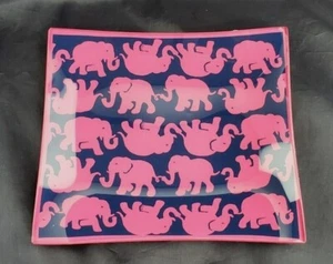 Lilly Pulitzer Pink Blue Elephant Glass Trinket Tray "Tusk In Sun" 7.5 x 6.5" - Picture 1 of 8