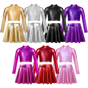 AU Girls Shiny Metallic Long Sleeve Crop Top with Skater Skirt Set Dance Outfits - Picture 1 of 73