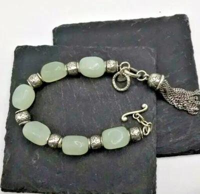 Brighton💎SERPENTINE JADE Light Green Tassel Silver Bracelet Toggle Clasp - Image 1 of 4