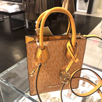 MICHAEL KORS MERCER XS NS SHOPPER BOLSA SATCHEL TIRACOLO MK LOGOTIPO MEL AMARELO - Imagem 1 de 4