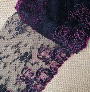 5 Yards 9" Wide Black Tulle Mesh Lace/Embroidered Hot Pink/Black Flower xh119 - Picture 1 of 2