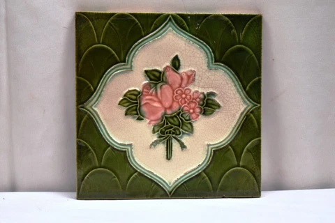 Antique Tile Art Nouveau Majolica Ceramic Porcelain Majolica Rose Flower Green"1 Cover