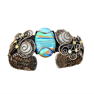 Oval Rainbow Calsilica Stone Copper Handcrafted Wire Wrapping Wife Designer Cuff - Picture 1 of 7