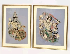 2 large Vintage framed Thai leather carved artworks of Ramayana and Mekhala - Picture 1 of 3