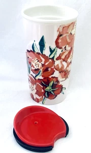 STARBUCKS 2015 Coffee Travel Mug Red POPPIES Flowers Ceramic Double Wall NWT - Picture 1 of 8