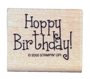 Funny Bunny Hoppy Birthday Spring Celebration Greeting Phrase Wood Rubber Stamp - Picture 1 of 2