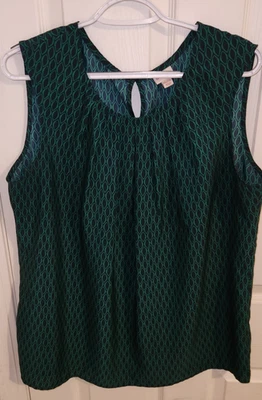 Blusa sin mangas Merona Silky-Feel usada en excelente estado estampado verde y azul marino cuello plisado 2xl Foto 1 de 4