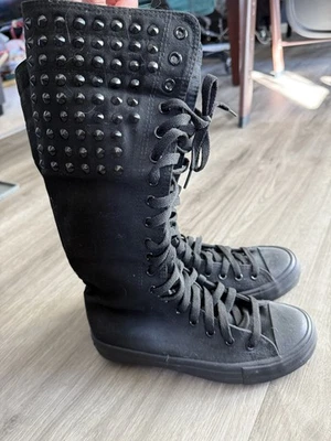 Yuanbu Lace up Black Knee High Boot Converse Style, With Studs Size 37 Punk - Image 1 of 4