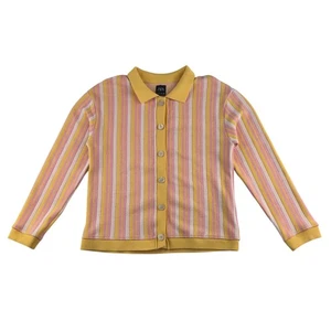 Zara cardigan women's size S pink and yellow stripy button up with collars - Picture 1 of 14