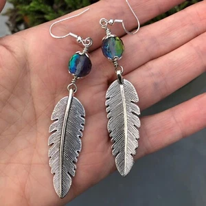 Silver Feather & Sparkly Blue Green Crystal Long Bohemian Dangle Earrings - Picture 1 of 10