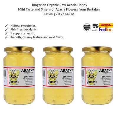 Organic Raw Acacia Honey Mild Taste and Smells of Acacia Flowers Bertalan 500gx3 - Image 1 of 4
