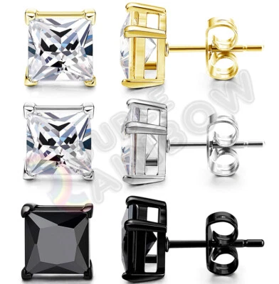925 Sterling Silver Stud Earrings Men Women 3,4,5,6,7,8,10mm CZ Square - Image 1 of 4