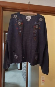 Ladies Blue Knit Crewel Embroidery Cardigan "Teddi" Size Large Ramie/Cotton NWT - Picture 1 of 10