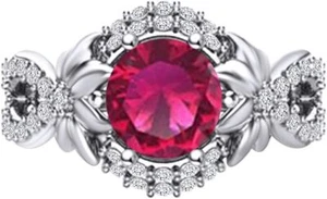 Flower Engagement Ring Simulated Ruby & Natural Diamond 14K Gold - Picture 1 of 9