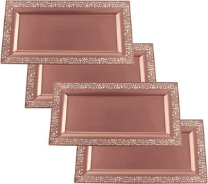 4 (pk) Yumchikel 14" x 7.5"  Rose Gold Lace Rim Plastic Serving Tray    - Picture 1 of 5