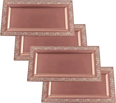 4 (pk) Yumchikel 14" x 7.5"  Rose Gold Lace Rim Plastic Serving Tray    - Image 1 of 4
