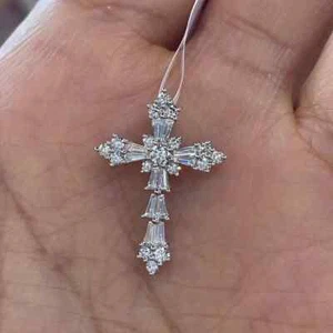 Baguette Cut Simulated Diamond Cross Pendant With Chain In 14k White Gold Plated - Picture 1 of 7