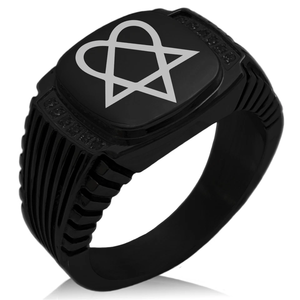 Stainless Steel Steel Heartagram Hexagon Crest CZ Biker Style Signet Ring - Image 1 of 1